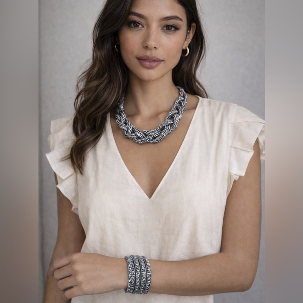 90s vintage chunky silver chain necklace and bracelet set‎